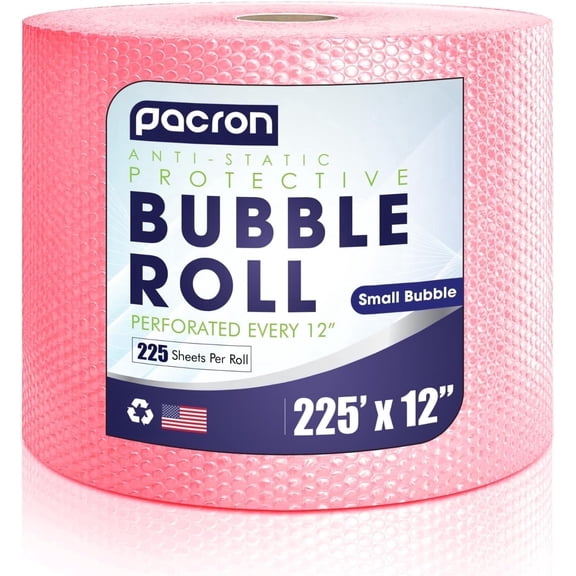 PACRON Anti-Static Bubble Wrap Roll 225FT x 12IN Pink – 3/16" Small Bubbles, Pre-Perforated Every 12IN for Electronics & Fragile Items