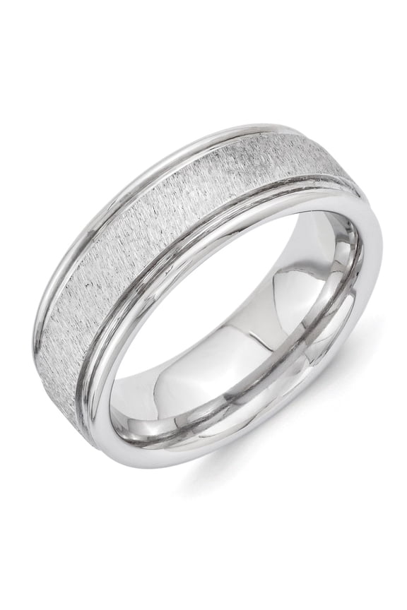 White Vitalium Ring Band Wedding Rounded Cross Grain Finish center Edge 8mm Flat
