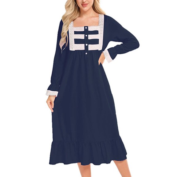 SWSMCLT Women's Long Sleeve Pajamas Long Nightgown Soft Vintage Princess Loose Lightweight Lace Sleepwear Navy Small