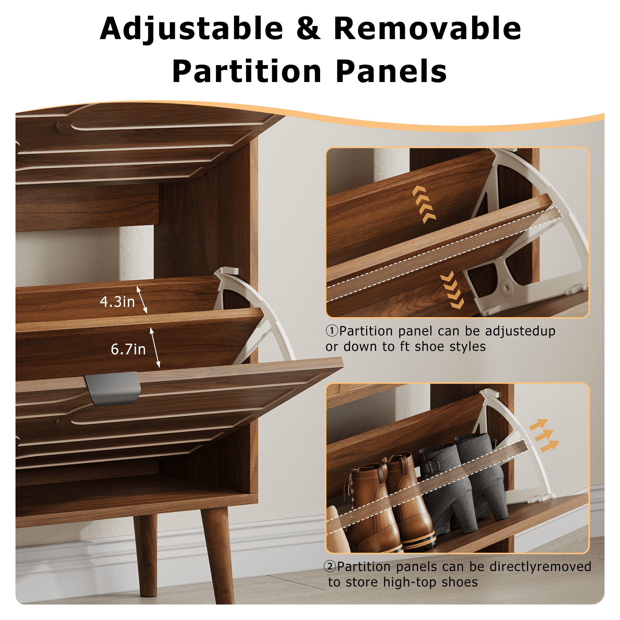 Leumius Medieval Modern Shoe Cabinet with 2 Flip Drawers,Walnut Shoe Storage Cabinet with Adjustable Shelves for Entryway