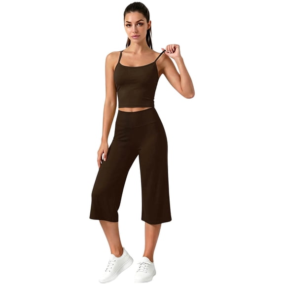 JFOPQVSM Workout Sets for Women Two Piece Sports Bra Matching Wide Leg Capri Pants Gym Work Yoga Outfits