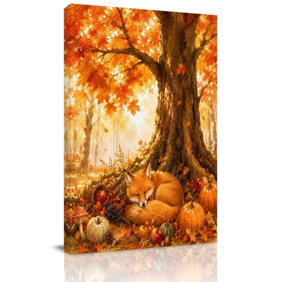 Canvas Wall Art, Fall Fox Framed Canvas Prints for Living Room Bedroom, Retro Country Wildlife Maple Leaves Pumpkins Gallery Wrapped Wall Decor for Home Office, Gifts, 24"x36" Ship Next Day