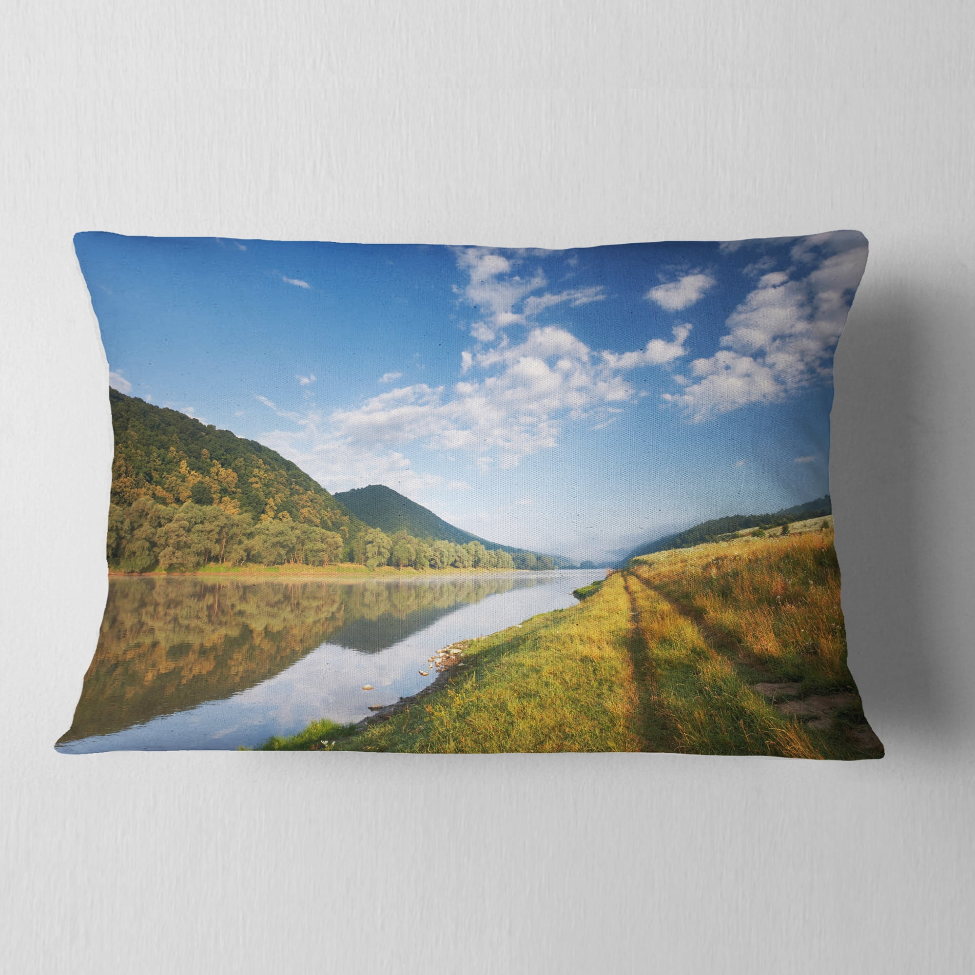 Designart Mountain River under Blue Sky - Landscape Photography Throw Pillow - 12x20
