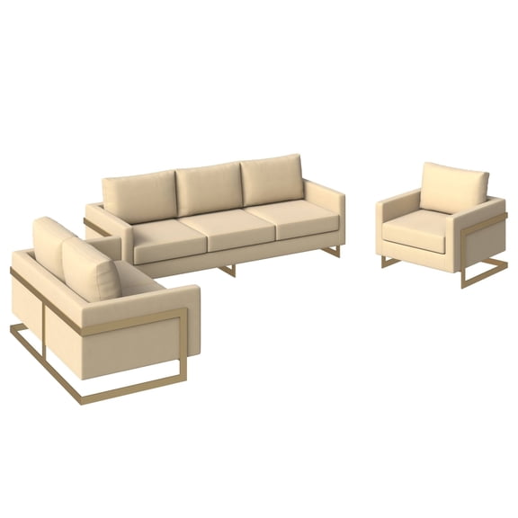 LeisureMod Lincoln Modern 3-Piece Velvet Sofa Set with Removable Cushions and Gold Metal Base, Sofa and Armchairs Seating Set for Indoor Living Room, Lounge & Office, Biege