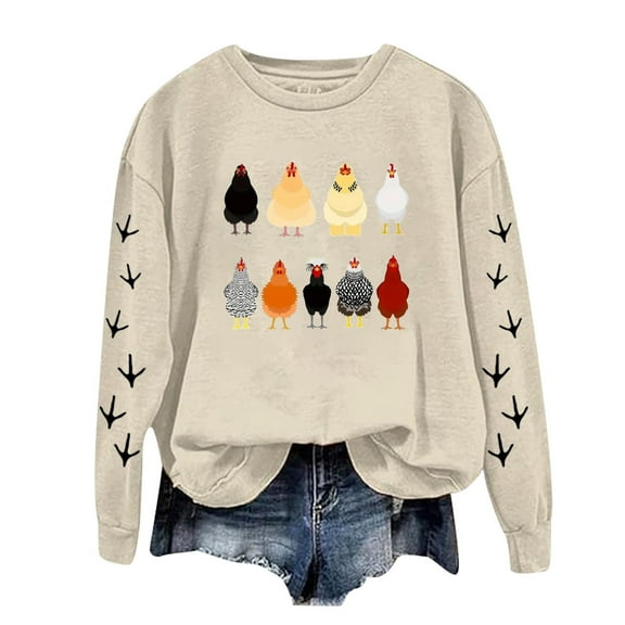 Puliio Women Graphic Hoodless Sweatshirts Casual Full Sleeve Crewneck Chicken Printed Pullover Sweatshirts Casual Daliy Wear Blouse Top No Hood Sweatshirts