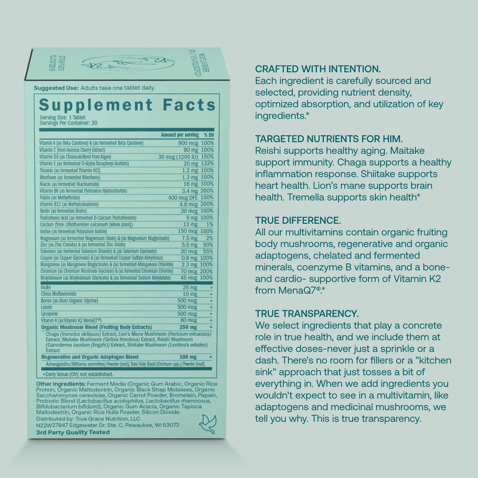 True Grace Men's 40+ One Daily Multivitamin Fermented Minerals, Organic Adaptogens & Mushrooms Whole Body Balance Immune, Endurance, Bone & Heart Support Supplement - Non-GMO - 90 Vegan Tablets