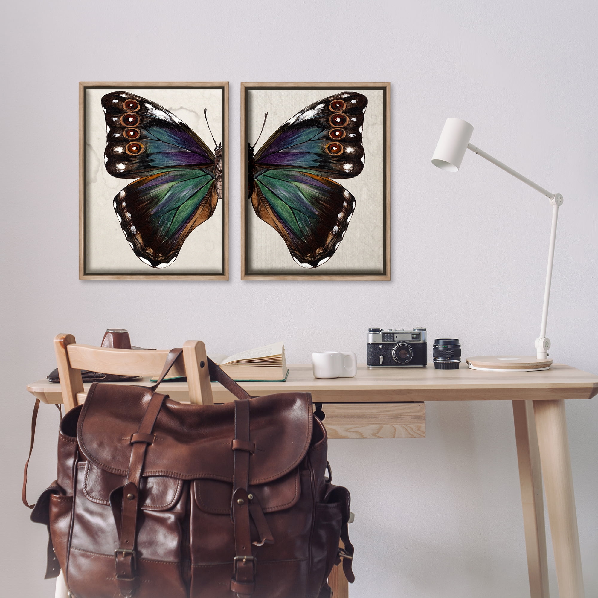 Stupell Industries Colorful Purple Green Butterfly Animals Painting Brown Floater Framed Canvas Art Print Wall Art, 17 x 25, Set of 2