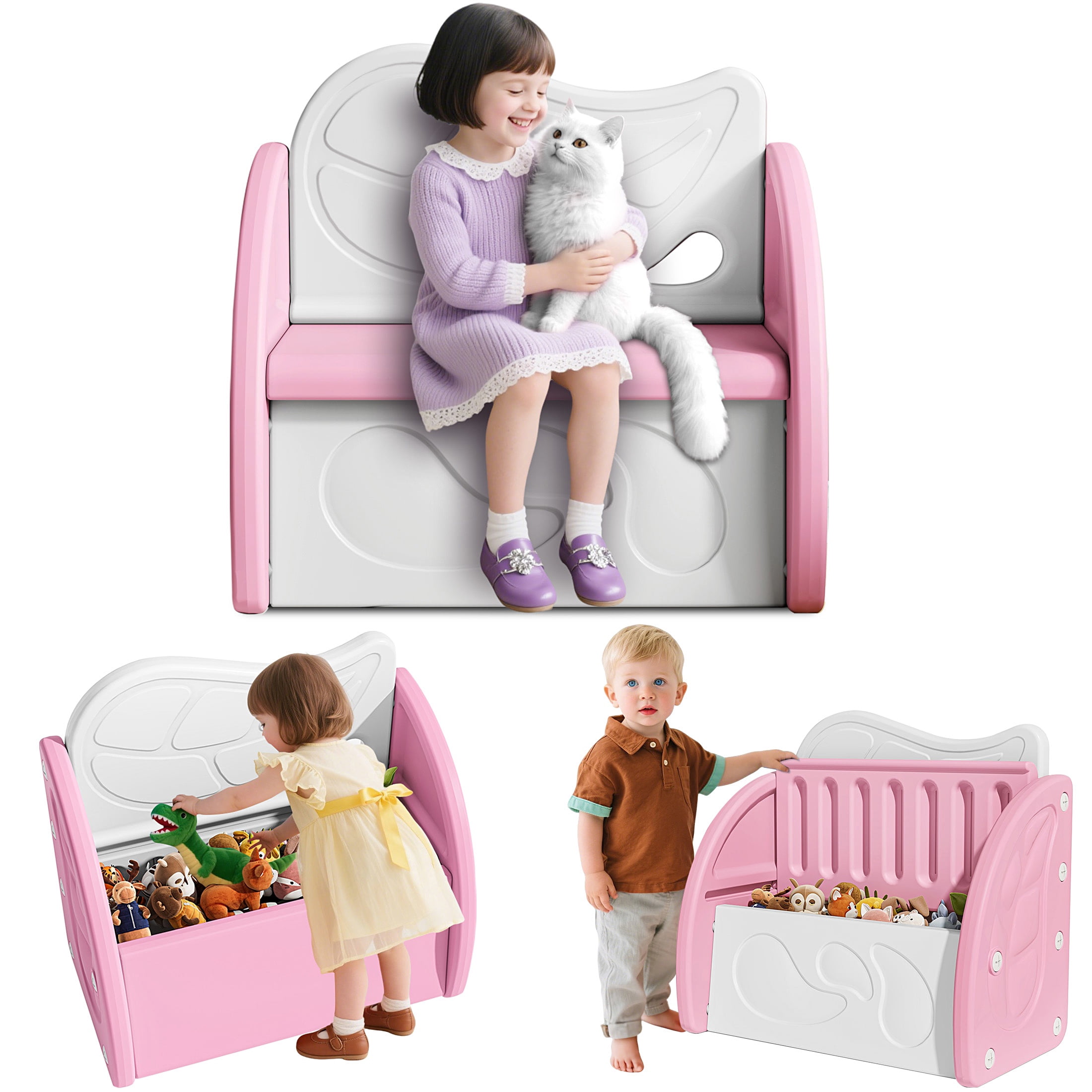 PAPROOS Kids Toy Box, Cute Toy Chest Organizer with Seating Bench and Sliding Door, Toy Storage Chest for Girls Boys, Modern Toy Storage Cabinet for Playroom, Living Room, Bedroom, Pink+Light Gray