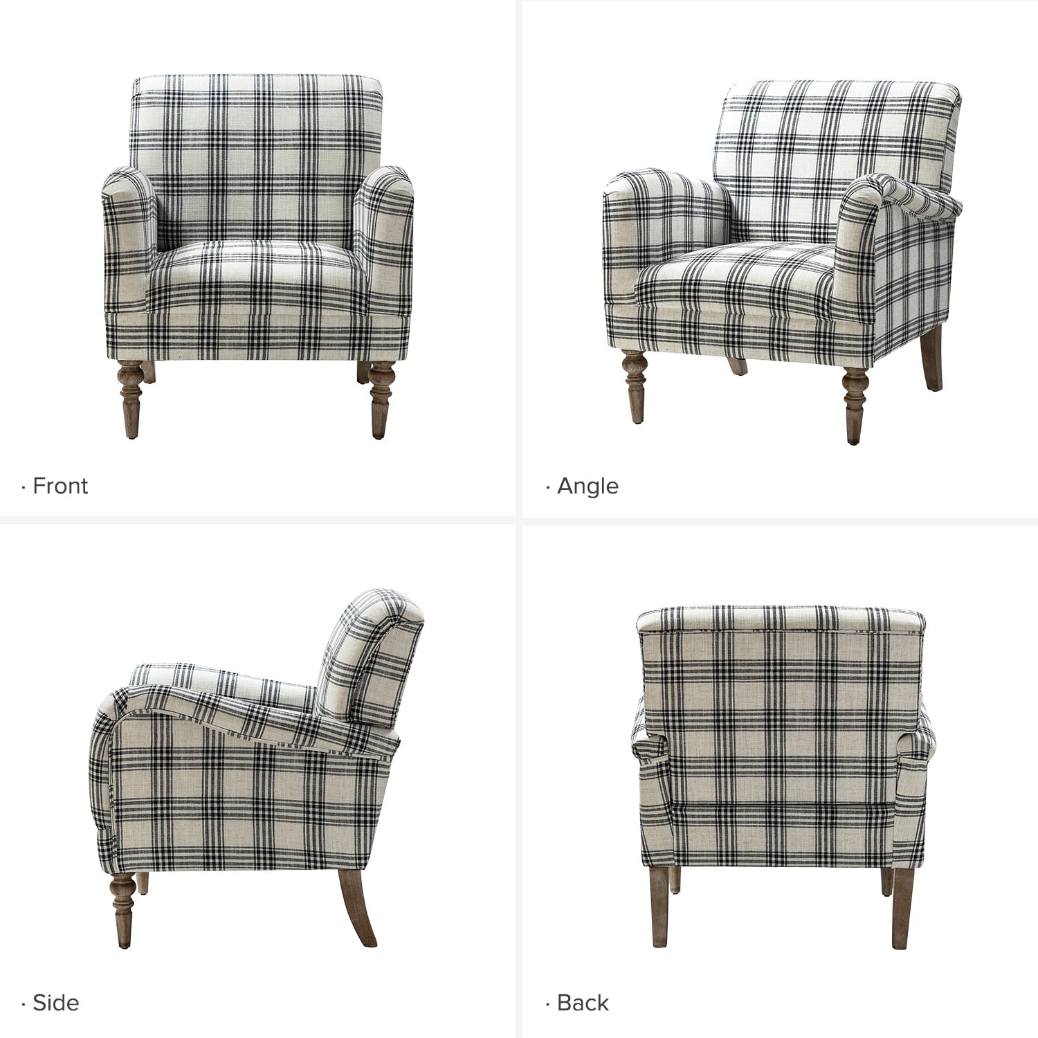 Modern Plaid Accent Chair Upholstered Black Armchair Adult Home Bedroom Living Room