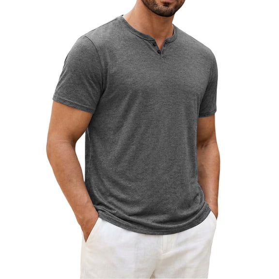 Nestiefly Mens Cotton Notch Neck T-Shirts Short Sleeve Button Casual Basic Tees Work Shirts 2026 Gray S