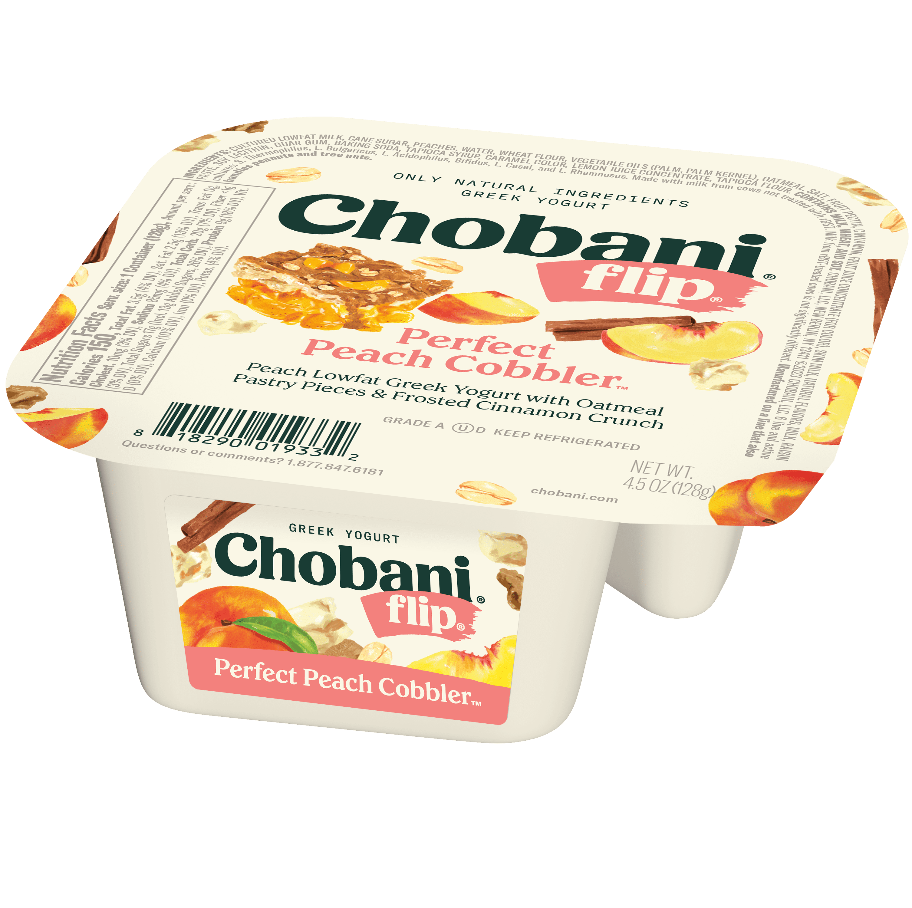 Chobani Flip Low-Fat Greek Yogurt, Perfect Peach Cobbler 4.5 oz Cup