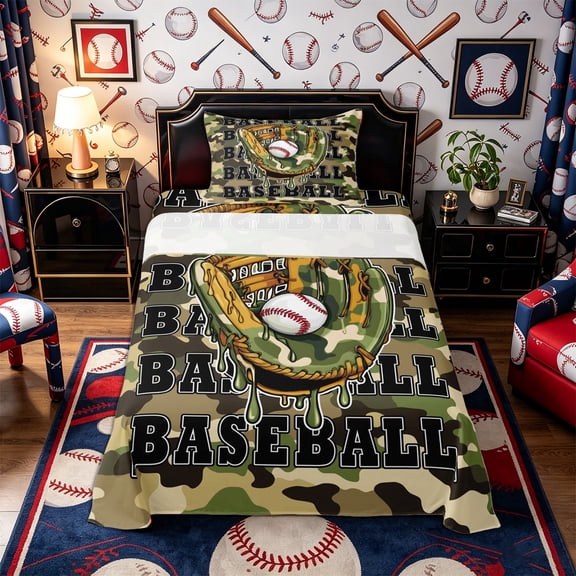 Castle Fairy Vintage Baseball Twin Sheets 3pcs, Camouflage Glove Pattern Bedding, Green Brown,1 Fitted Sheet, 1 Flat Sheet and 1 Pillowcase