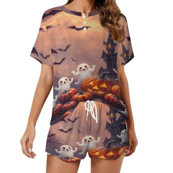 Women Pajamas Set Short Sleeve Cute Halloween Ghosts Pumpkins Sleepwear Loungewear for Summer Nightwear