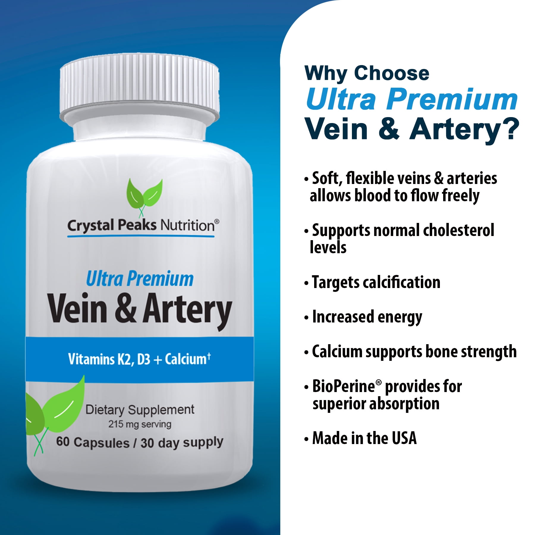 CRYSTAL PEAKS NUTRITION Vein & Artery Supplement - Blood Flow Supplement with Calcium - Blood Circulation Support for Men, Women - Circulation and Vein Support - 60 ct