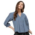 thumbnail image 1 of eloria Women's Top V Neck Full Sleeve Pleated Button Down Cotton T-Shirt, Color: Light Grey 2 | Size: XL, 1 of 6