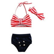 Bilo store Girls Cute Big Bowknot Stripe Bikini Bathing Swimwear 3 pcs Set (80/3T)
