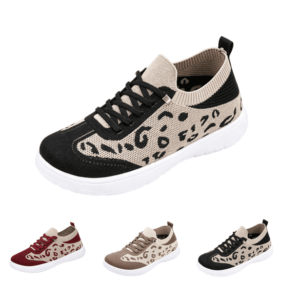 EKVAHL Women's Orthopedic Lace‑Up Sneakers, Breathable Knit Leopard Print Tennis Shoes, Mesh Non‑Slip Arch Support Lightweight Casual Walking Sneakers Black