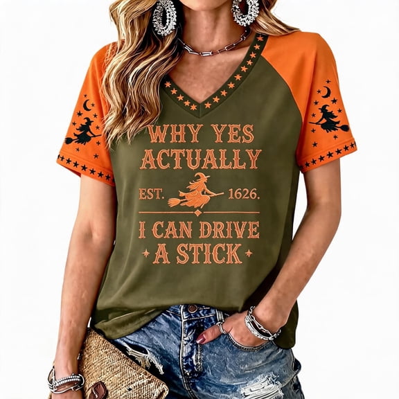VXARARL Womens Short Sleeve V Neck Halloween T Shirts Pumpkin Shirts Why Yes Actually I Can Drive A Stick Graphic Autumn Tee Tops Ghost Pumpkin T Shirts Army Green 3XL