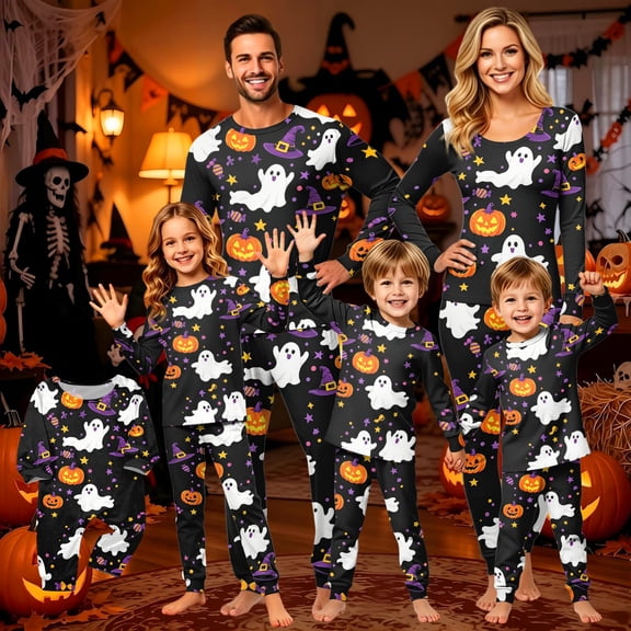 Halloween Family Matching Pajamas Sets, Halloween Family Leisure Loungewear, Pumpkin Ghost Holiday PJS Sleepwear, Seasonal Halloween Party Family for Home Relaxing Casual Daily Wear Indoor