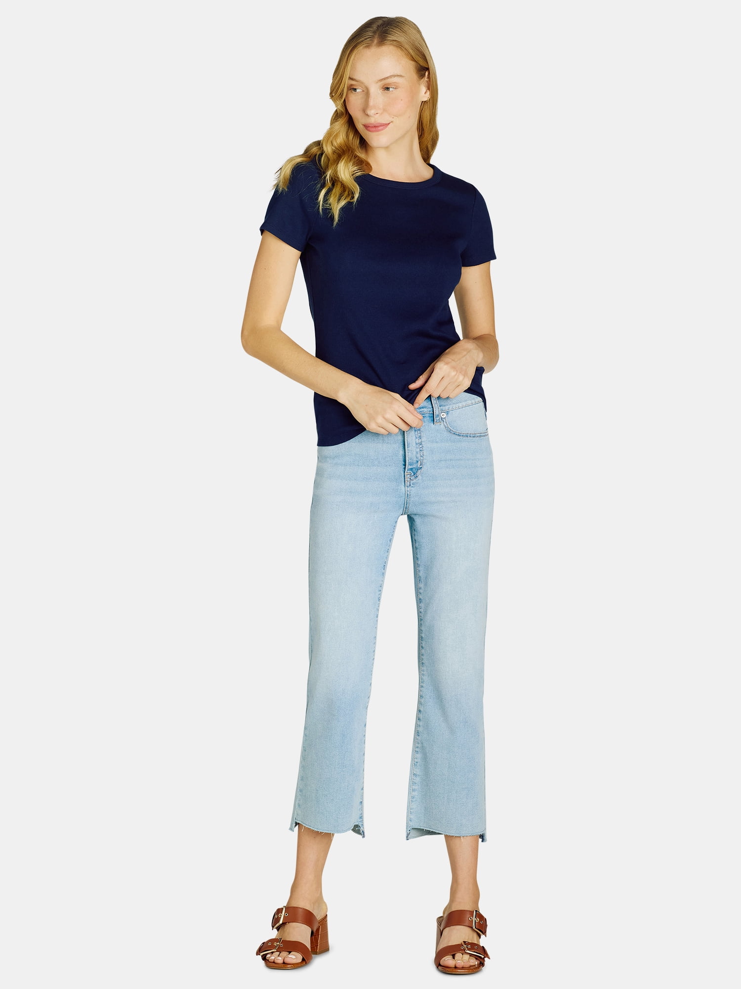 Time and Tru Women’s Rib Crewneck Tee with Short Sleeves, Sizes XS-XXXL