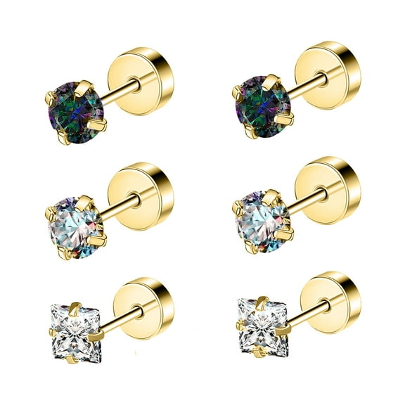 ZS 20G 3 Pairs Round Crystal Stud Earring Claw Rainbow Zircon Cartilage Conch Helix Piercing Square Zirconia Ear Piercing Jewelry
