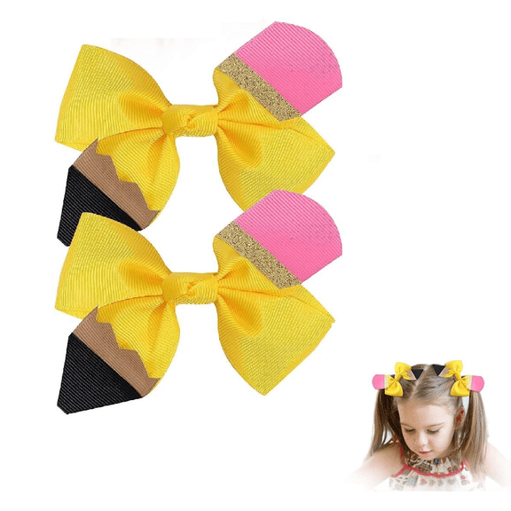 2Pcs Back to School Hair Bows for Girls with Pencil Bow Clips for Girls Decor Accessories（4×3in）