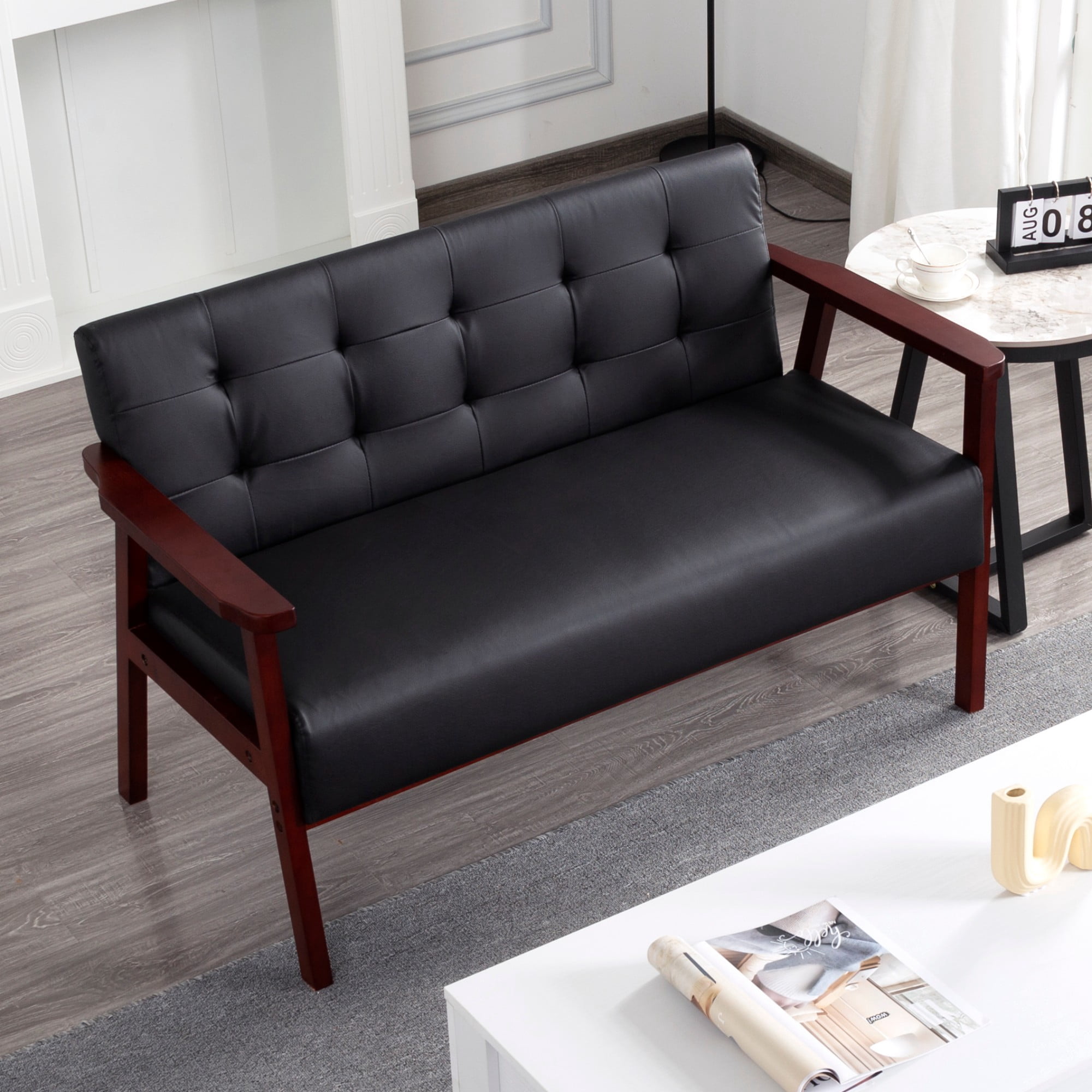 Gewnee Cedar Wood Loveseat, Black PU Upholstery, Tufted Back, 300LBS per Seat, Non-Slip Pads, for Living Room, Home Office, Den