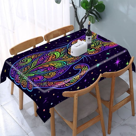 RKSupls Cosmic Pattern Cat Rectangle Dining Tablecloth, Washable Wipeable Stain & Wrinkle Resistant Polyester Tablecloth for Kitchen Picnic Party