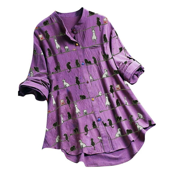 Blusa tipo camisa para mujer, casual, con estampado de gato, manga larga