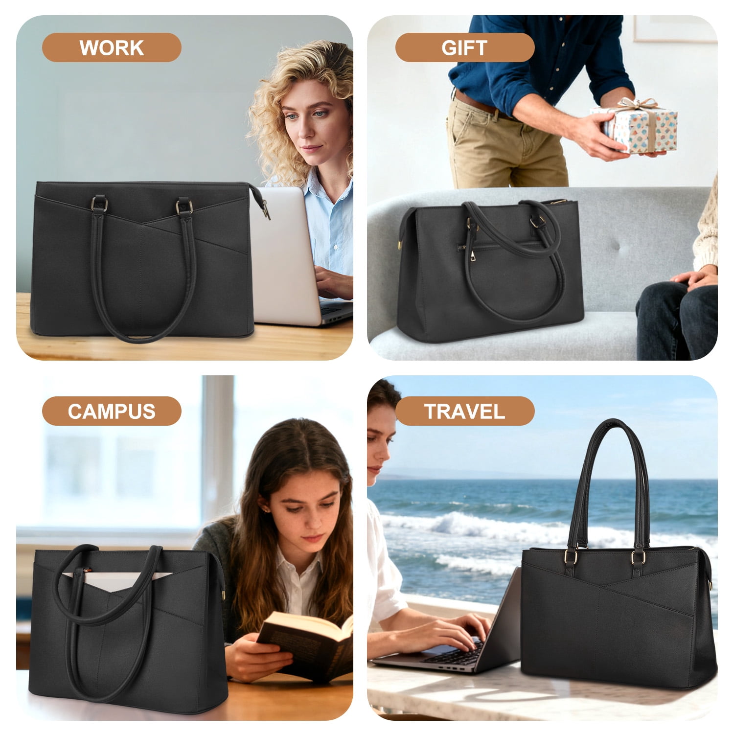 Cshidworld 15.6 Inch Leather Laptop Tote Bag for Women, Waterproof Computer Briefcase & Work Bag for Office, Business, College, Travel, Leather Messenger Bag, Black