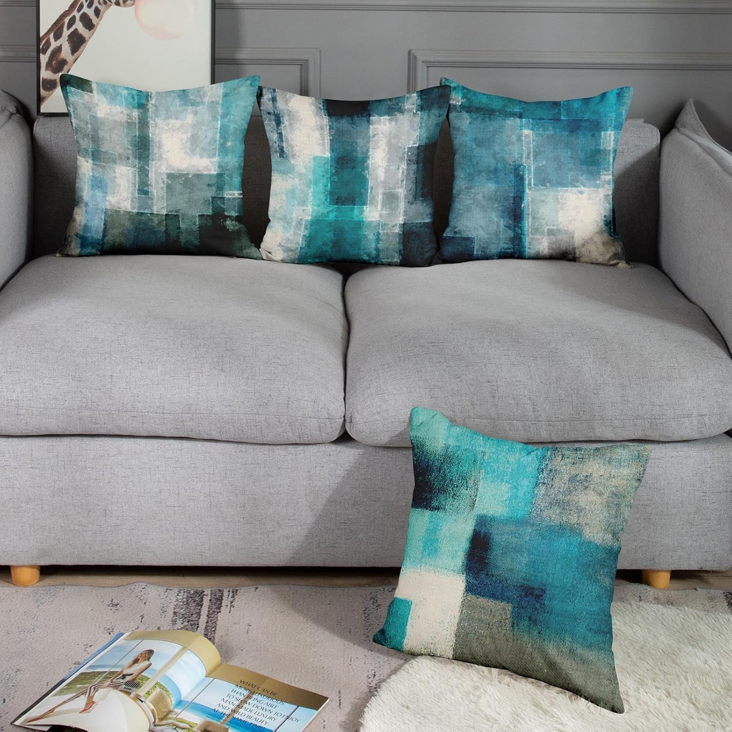 Turquoise and Grey Artwork Throw Pillow Covers Set of 4 20x20 Inch Contemporary Decorative Gray Cushion Cases for Sofa Bedroom Car Decor Add a Splash of Color