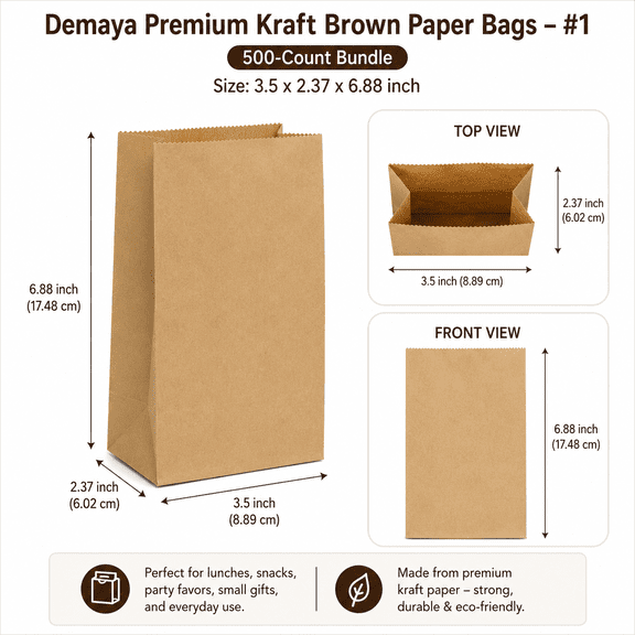 Demaya Premium Kraft Brown Paper Bags, Size #1, 500 Count – 3.5 x 2.37 x 6.88 in, Disposable Lunch & Snack Bags