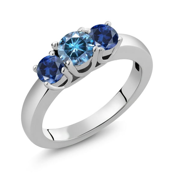 Gem Stone King 925 Sterling Silver 3-Stone Ring Round Persian Blue Moissanite and Created Sapphire Blue (1.00 Cttw, Size 5)
