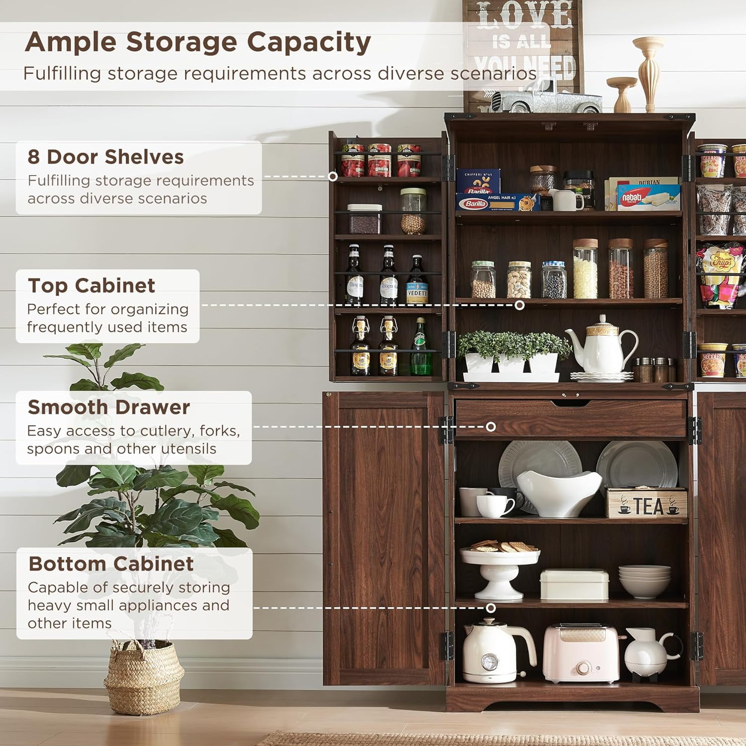 ACCOHOHO 72" Tall Kitchen Pantry Cabinets, Farmhouse Storage Cabinet with Barn Door, Drawer & Adjustable Shelves for Kitchen, Dining Room, Bathroom, Brown