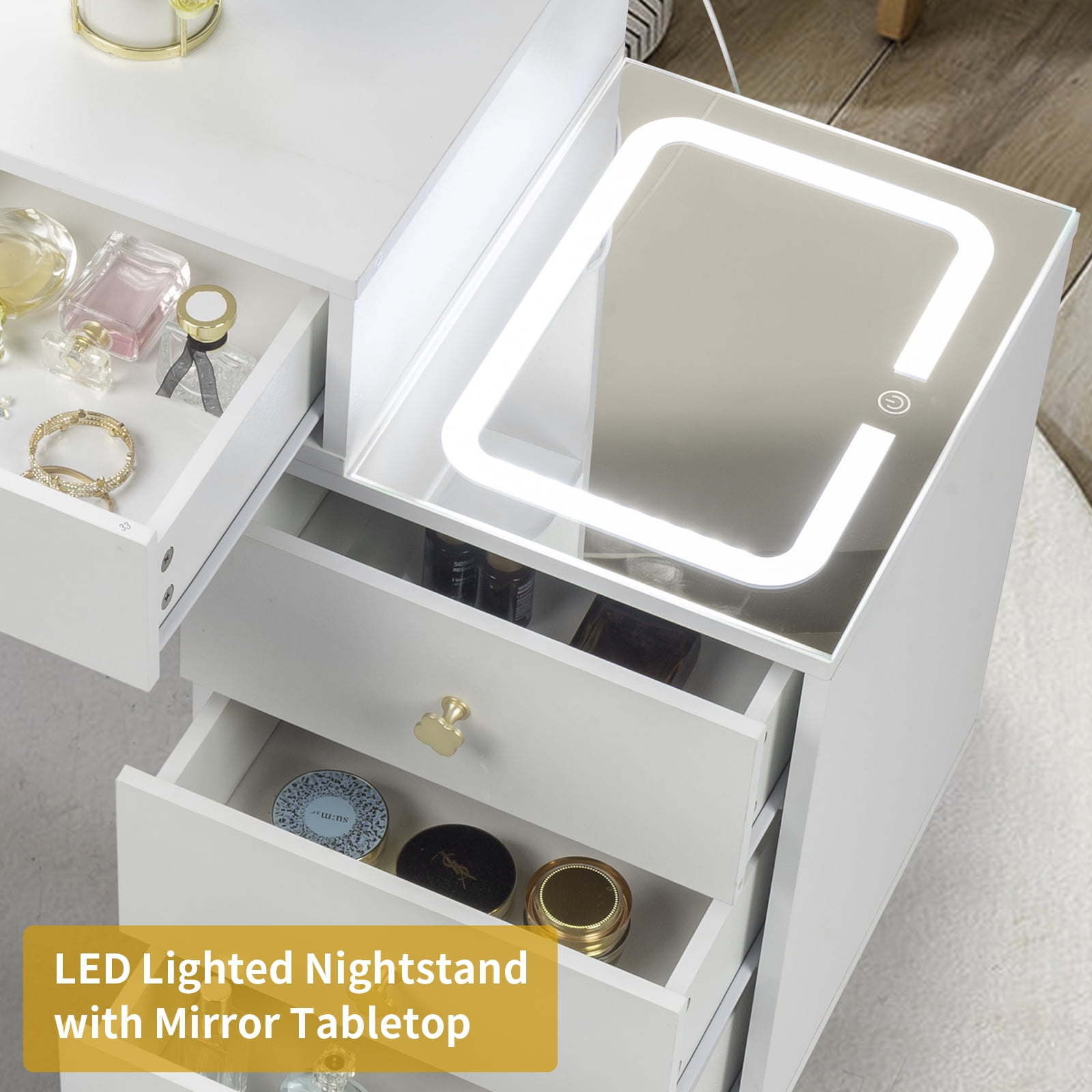 Ktaxon 3 Color Lighted Vanity Table Set, Makeup Table with LED Nightstand, Dressing Table with USB Charging Station, for Women, Female Bedroom, White