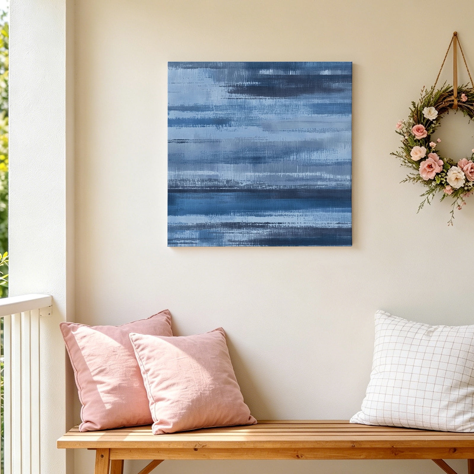 Navy Blue Paint Canvas Wall Art for Living Room, Watercolor Abstract Blue Stripes Poster Print Painting for Bedroom Office Home Decoration Wall Pictures Prepare To Hang 16"x16"