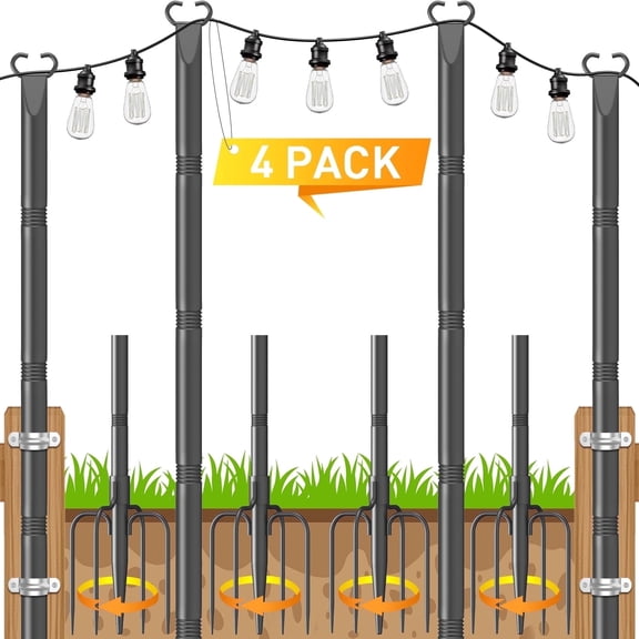 JYTOBN 10Ft String Light Poles 4 Pack,Poles for Hanging Outdoor String Lights with Fork and Fence Clamp