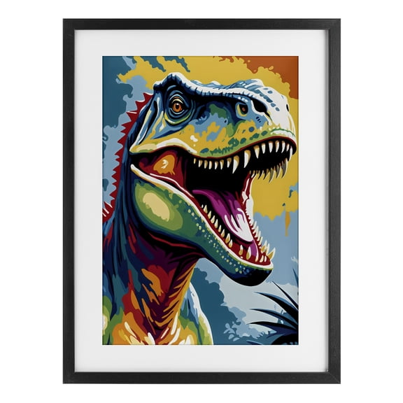 Stupell Industries Cottage Colorful Roaring T-Rex Black Framed Print Under Glass, 14 x 20, by Creative Studio