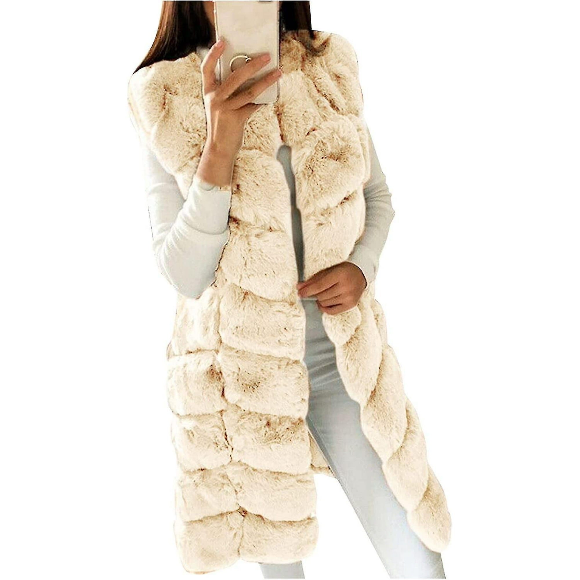 Womens Fall Fashion 2022 Long Gilet Faux Fur Vest Sleeveless Plush Waistcoat Winter Warmer Jacket Coat Beige Small