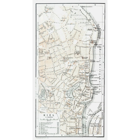 Historic Map - Kiel Germany - Baedeker 1914 - Vintage Wall Art