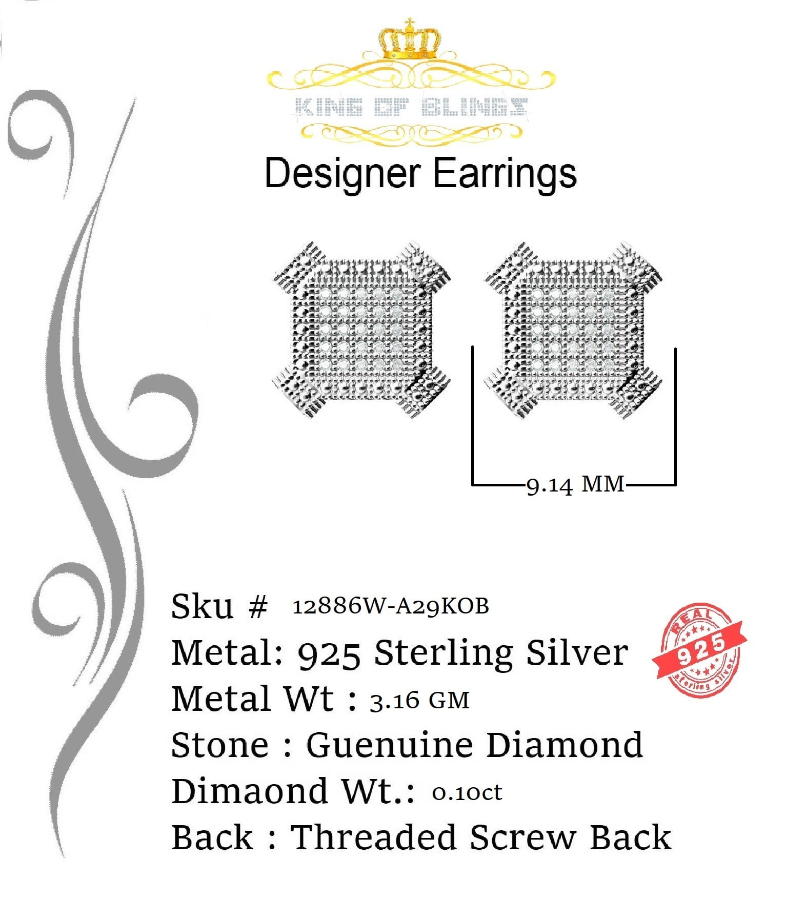 King of Bling's Aretes Para Hombre Silver 0.10ct Diamond For Women's/ Men's White Stud Earrings
