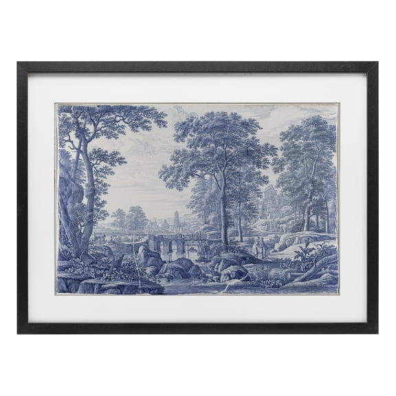 Vintage Blue Tinted Toile Black Framed Print Under Glass, design by Vintage Hustle