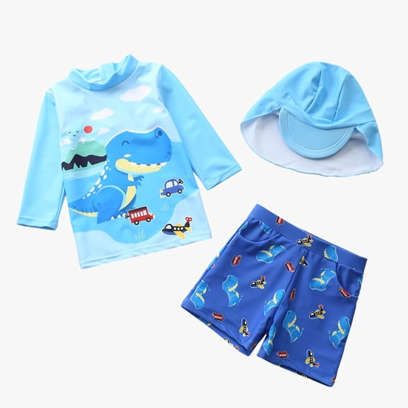 Wuxian Toddler Boys 3 Piece Swimsuits Rash Guard Raglan Sleeve Striped Cute Cartoon Pattern Long Sleeve Shirts Tops And Elastic Waist Shorts Trunks Swimwear Outfits Bathing Suit,Blue,4-5 Years