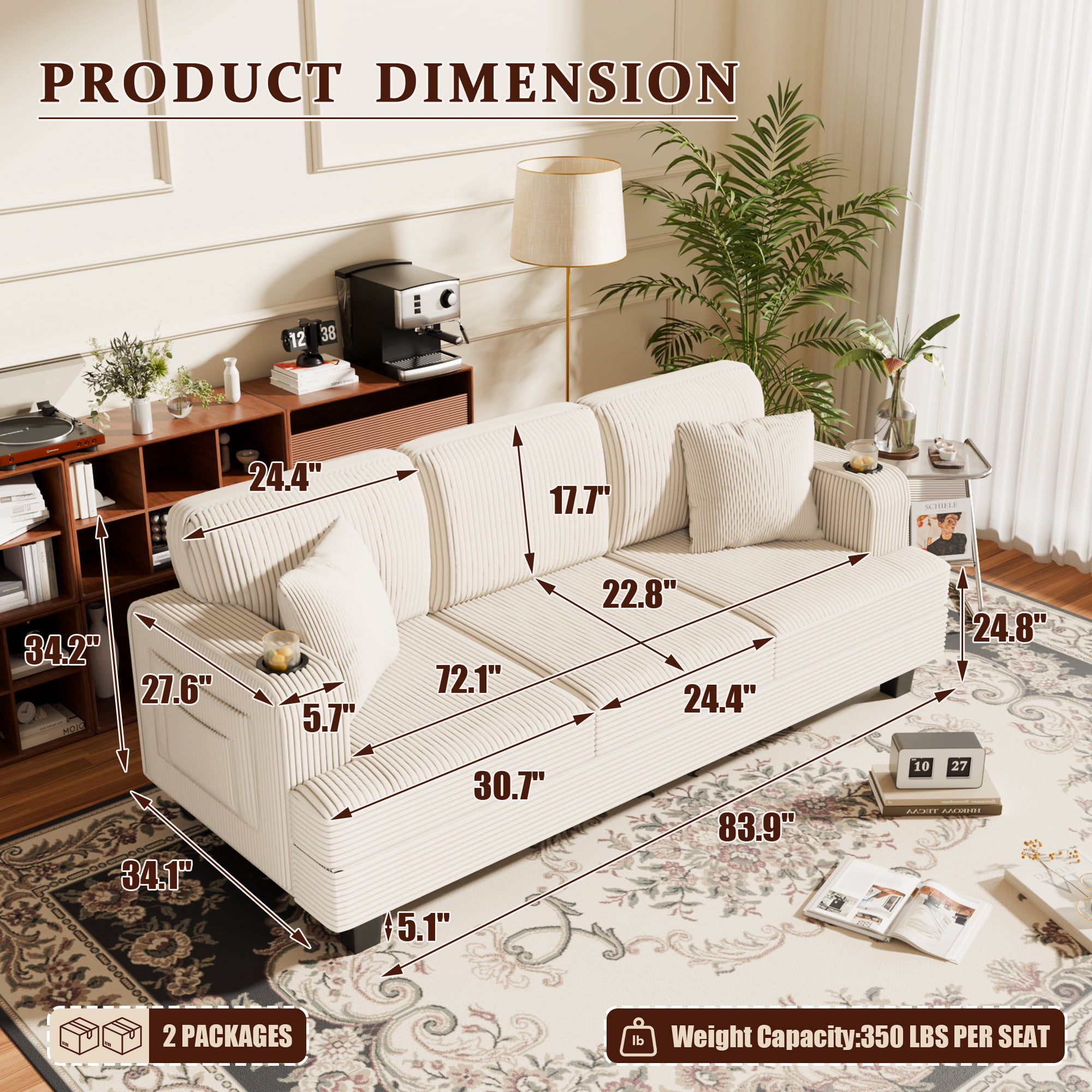 Homall 84''W Modern Sofa 3 Seat Adult Corduroy Couch with Wide Armrest Fabric Couch with USB Charging Ports for Living Room, Beige