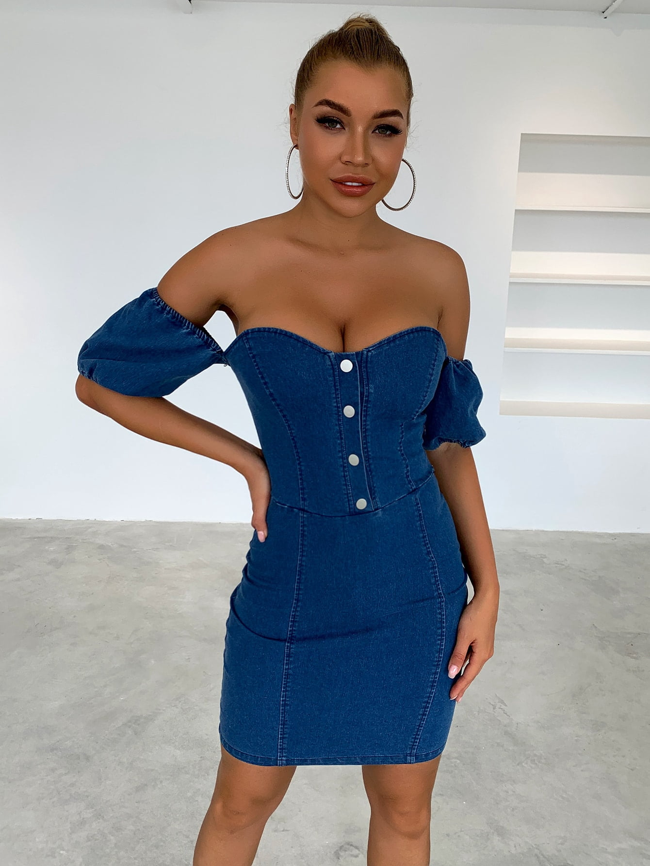 Women's Button Front Off Shoulder Puff 