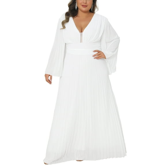 Agnes Orinda Women's Plus Size Easter Dresses Deep V Neck Long Sleeve Backless Pleated Zipper Up Wedding Evening Floor Dress 3X White