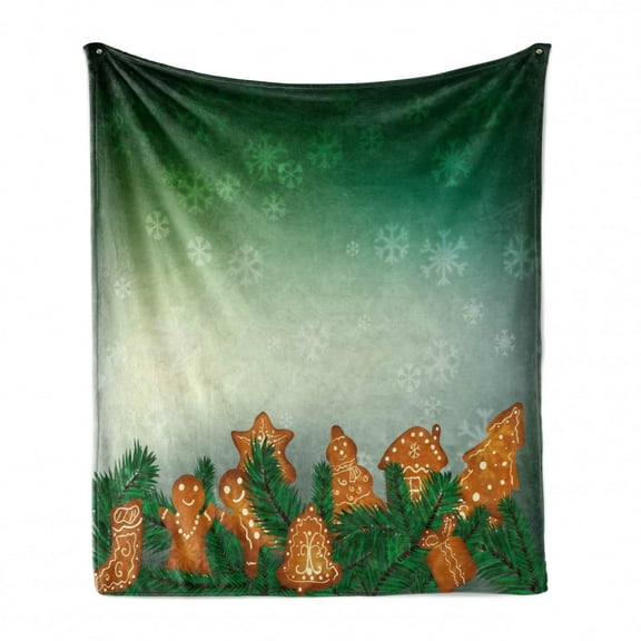 Gingerbread Man Soft Flannel Fleece Throw Blanket, Christmas Background with Xmas Cookies Snowflakes and Fir Branches, Cozy Plush for Indoor and Outdoor Use, 60" x 80", Green Pale Brown, by Ambesonne