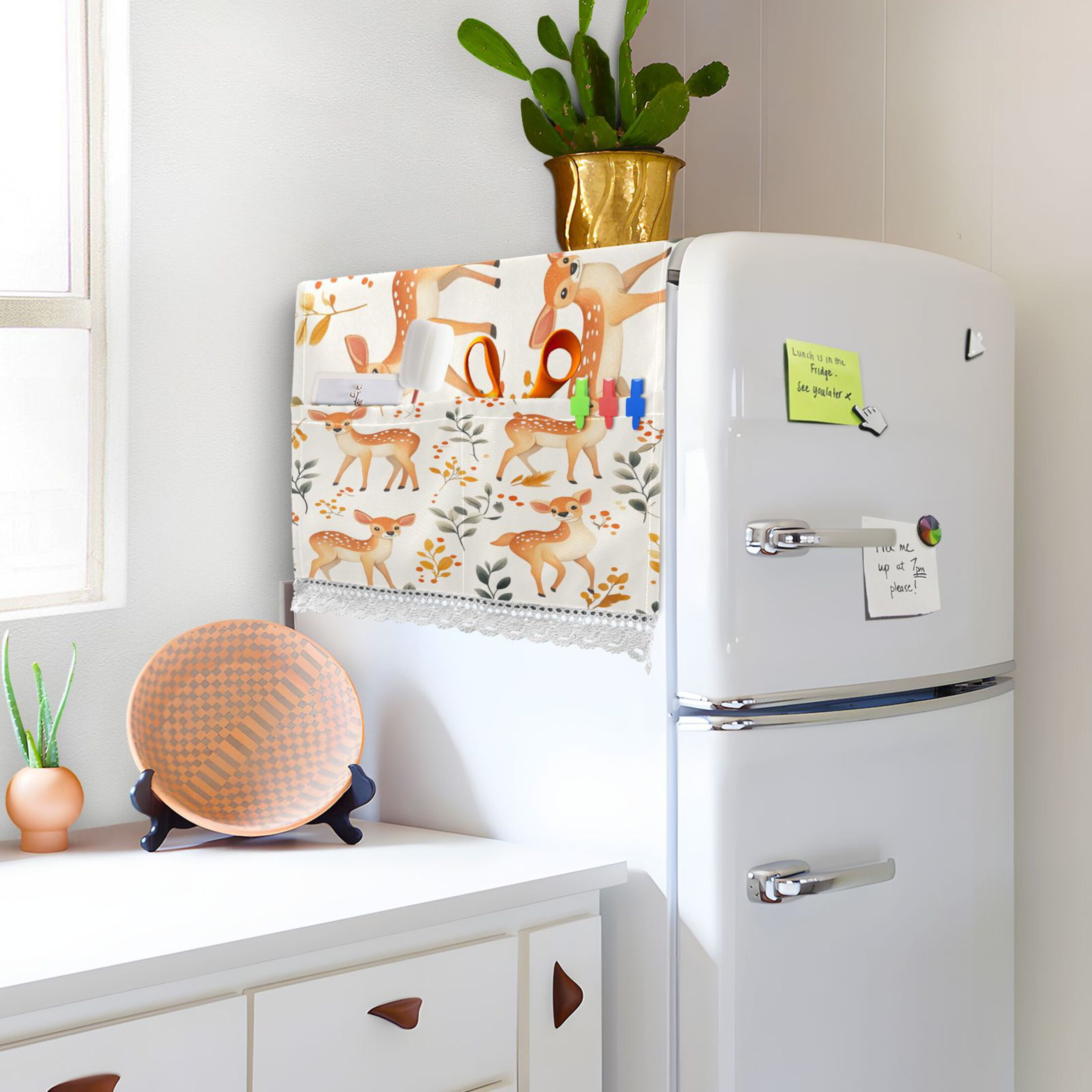 Cute Sika DeerWasher and Dryer Covers Dust-Proof and Oil Resistant Fridge Cover with 4 Storage Pockets Washing Machine Top Cover for Laundry Kitchen Home 51.2 x 22 In