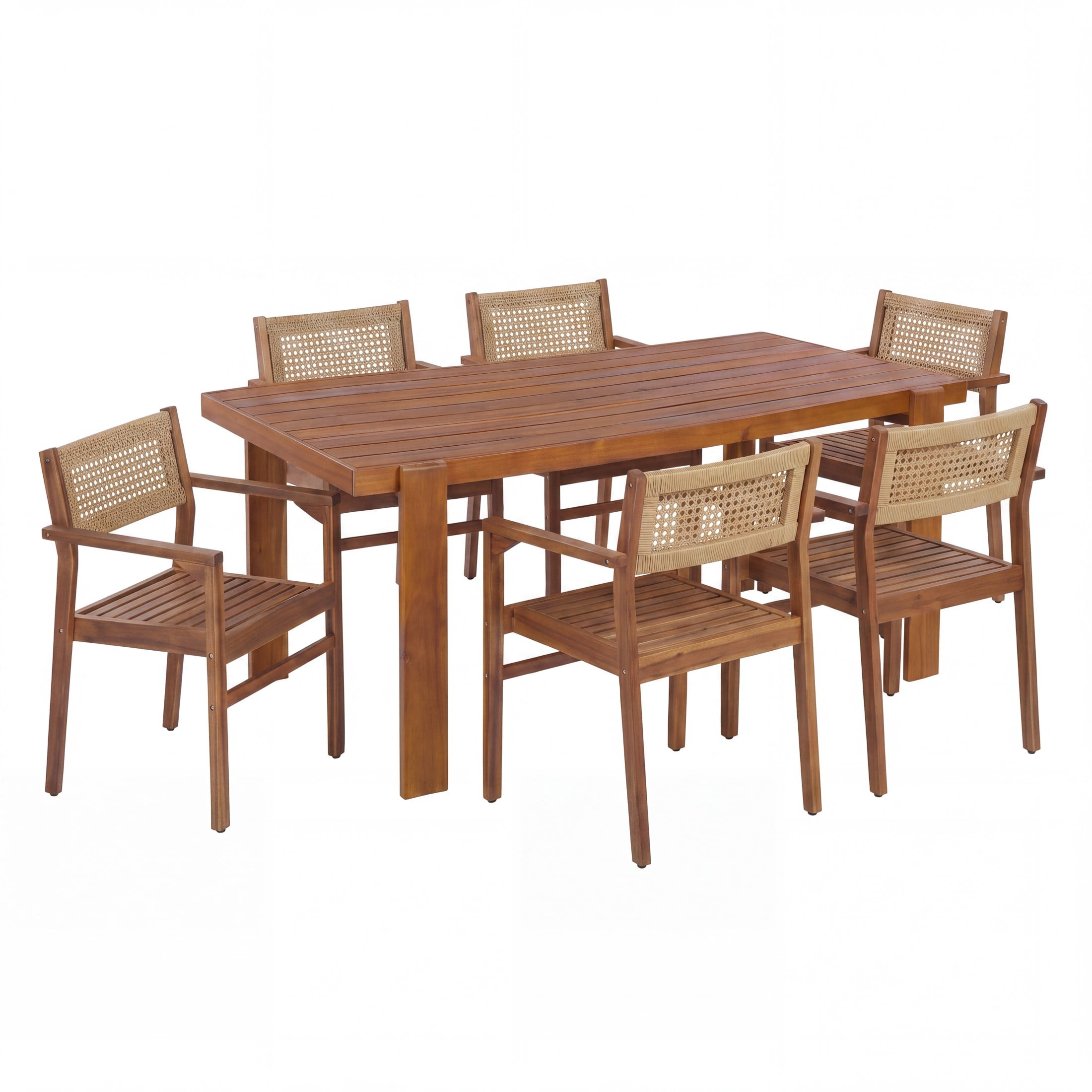 Christopher Knight Home 7-Piece Outdoor Dining Set, 67" Wood Table and Wicker Back Chairs, Natural Stained