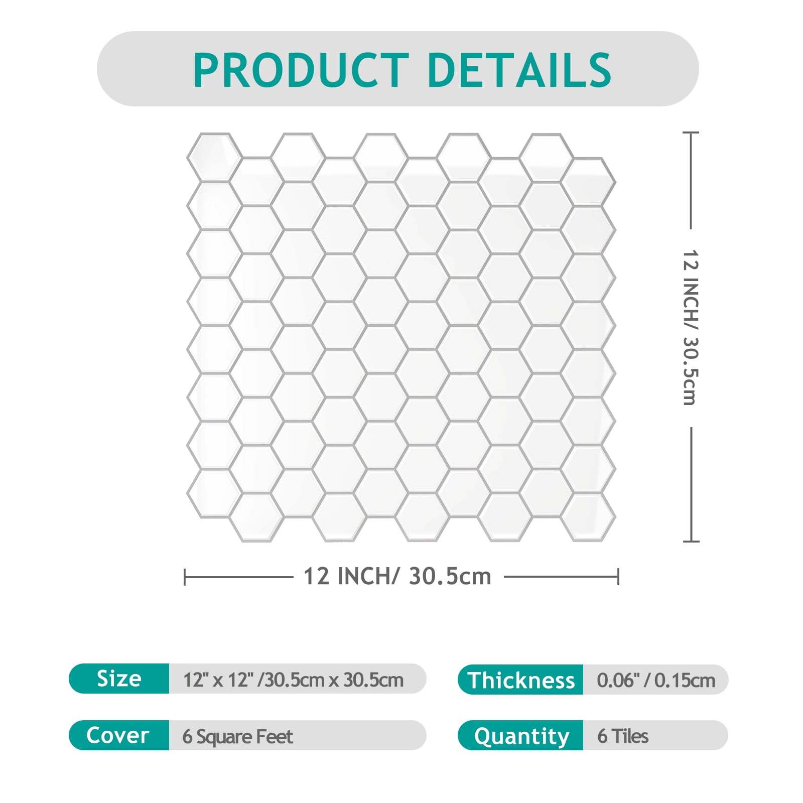 VEELIKE White Hexagon Peel and Stick Backsplash Tiles for Kitchen Waterproof 6 Sheets 12''x12''